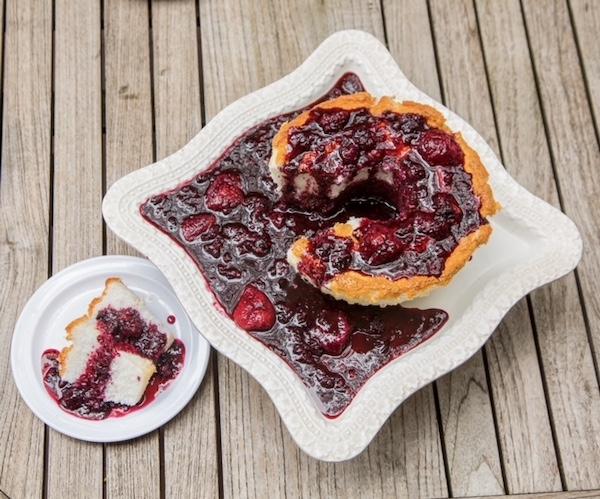 angel food cake with mixed berry compote