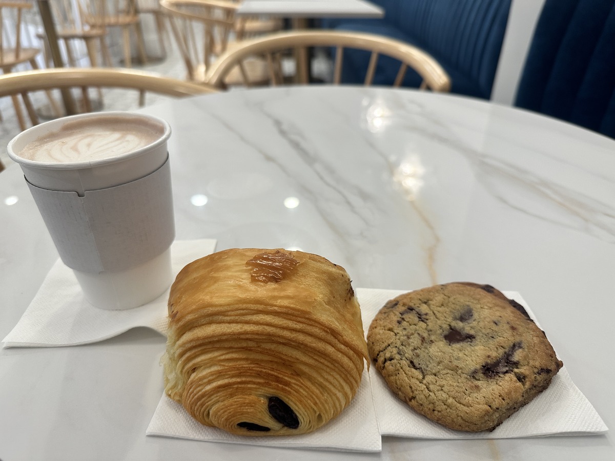 my haul - hot chocolate, chocolate chip cookie, pan au chocolat